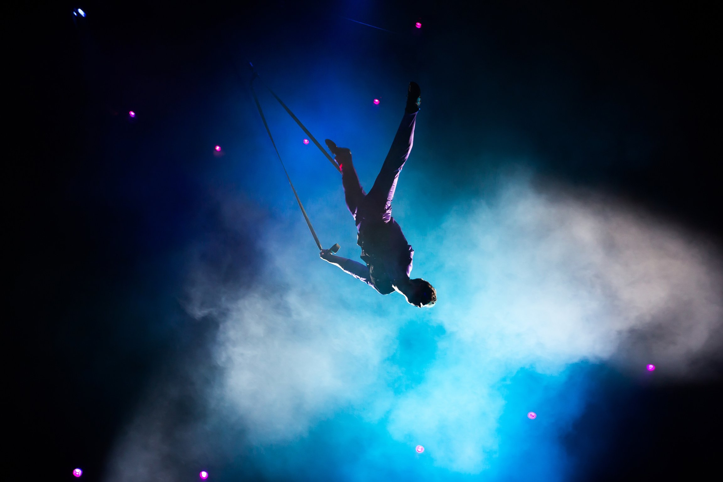 Circus. Air Gymnasts on Canvases. Cloths. Circus Artists. Flight under the Dome of the Circus.